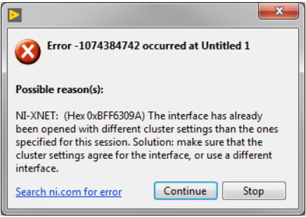 Error -1074384742 in NI-XNET - NI