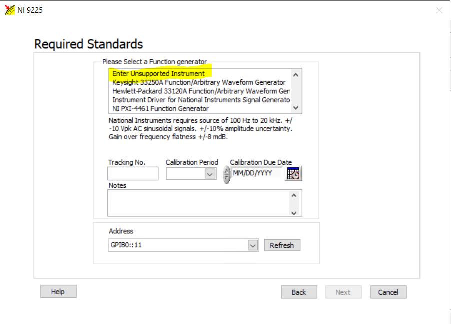 Can't Use "Enter Unsupported Instrument" option in Calibration Executive National Instruments