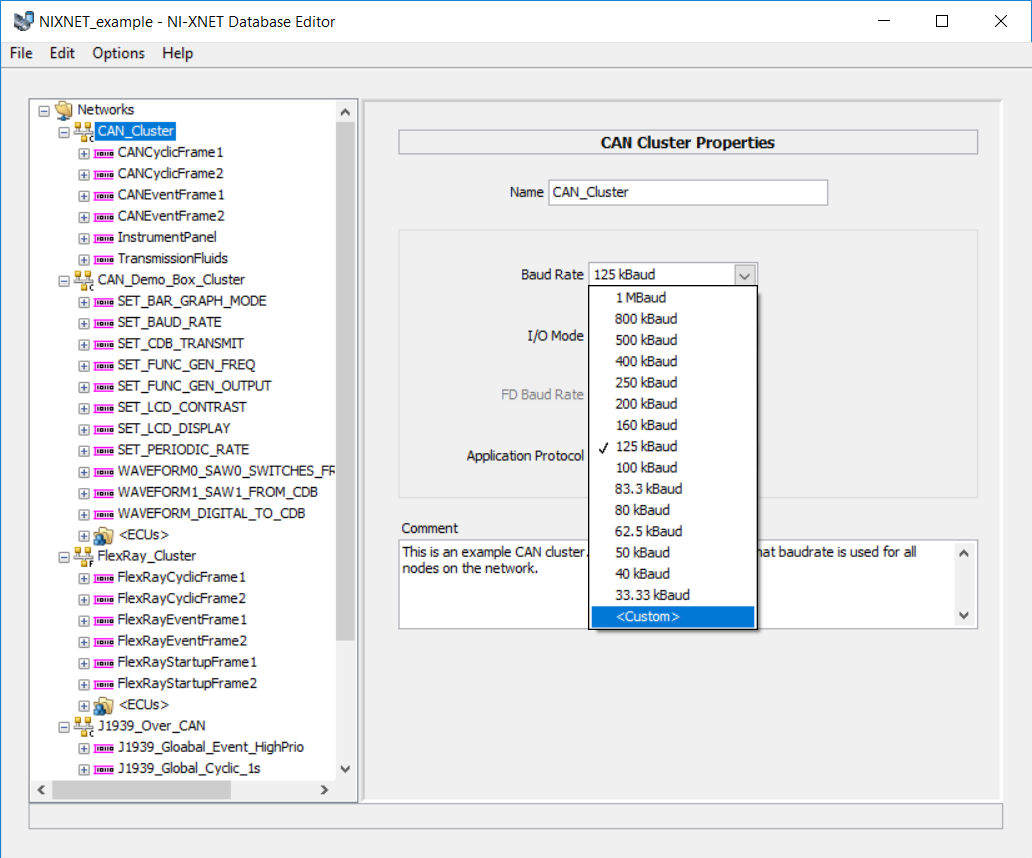 CAN Cluster Properties from NI-XNET Database Editor.
