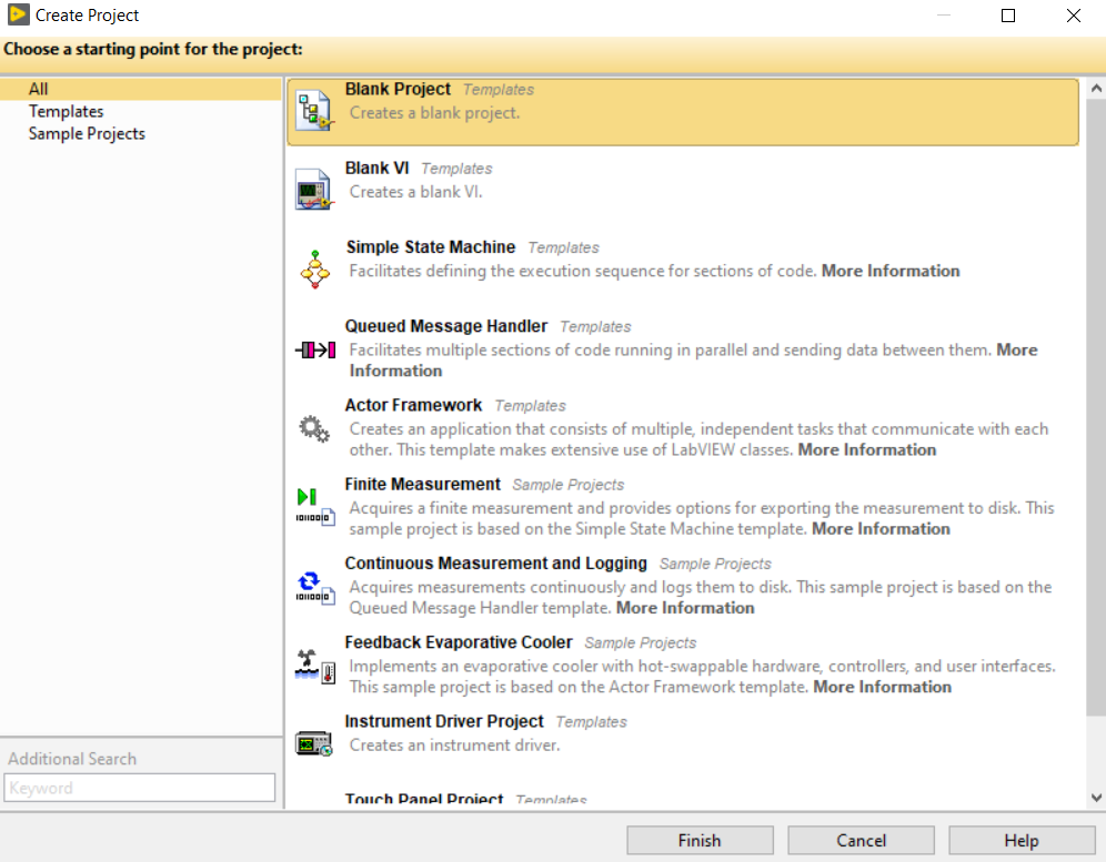 LabVIEW Create Project window  without Channeled Message Handler template.