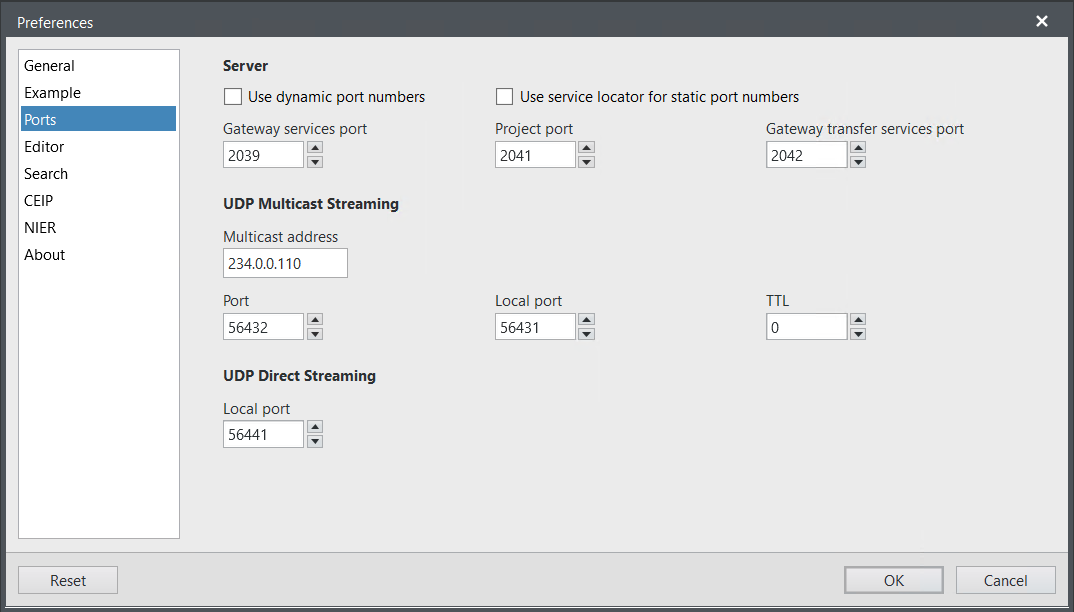 Preferences option for setting the port information in VeriStand Gateway