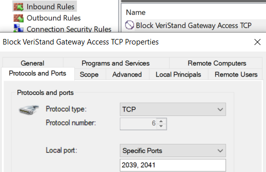 A view of the neewly created inbound rule properties showing Protocol Type (TCP), Protocold Number (6) and Local Port (Specific Ports: 2039, 2041) under the