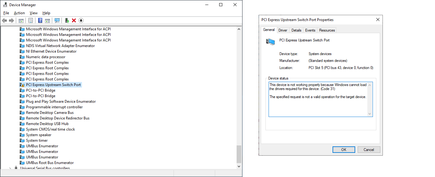 Code 31 in windows device manager while using a mxi connection ni