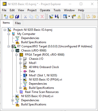 NI 9205 Basic I/O 項目的項目瀏覽器，擴展了 RT 設備。