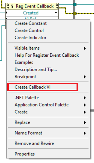 Right click menu option which allows you to create a callback VI based on your chosen event and user parameter.