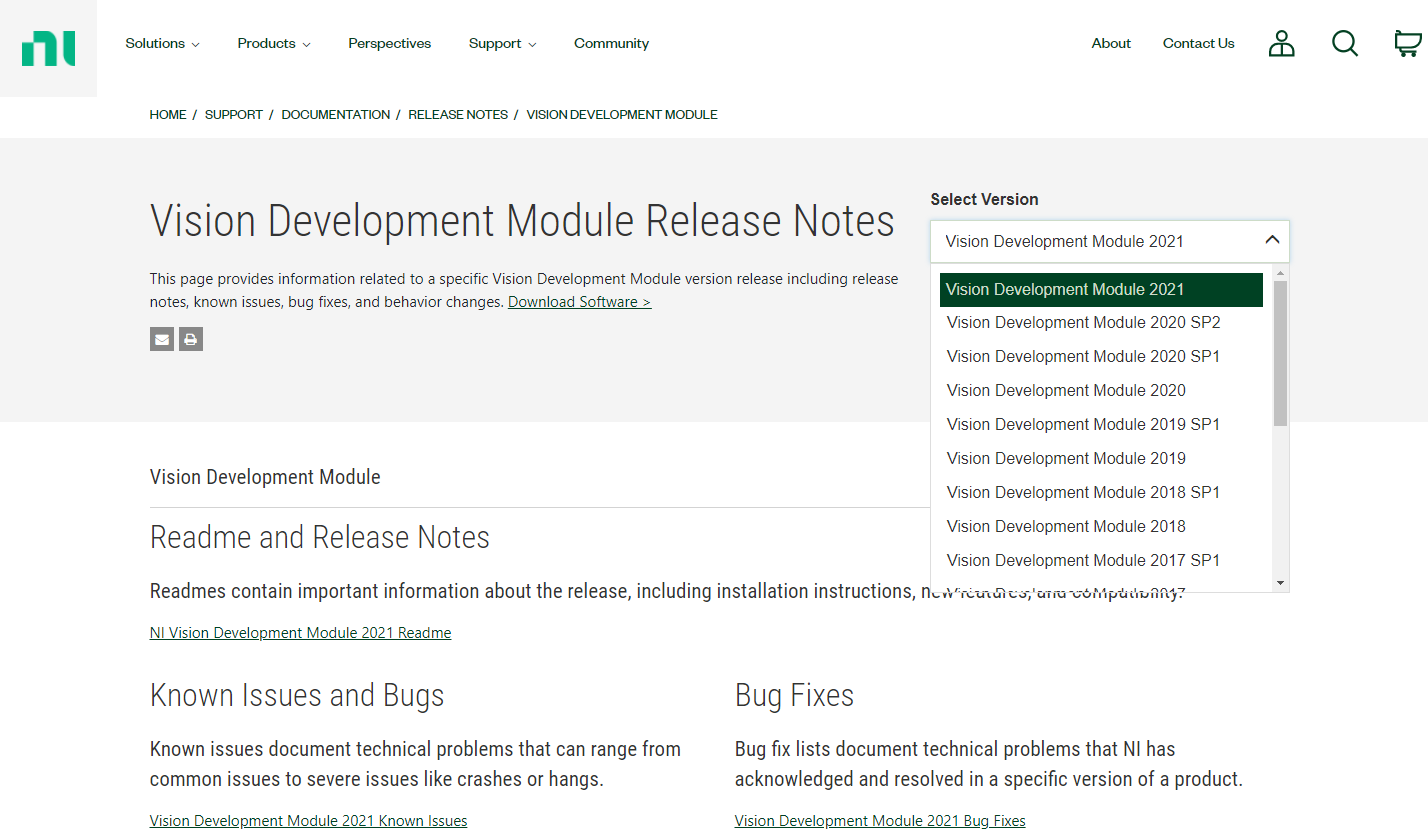 Vision Development Module Release Notes page with version drop down