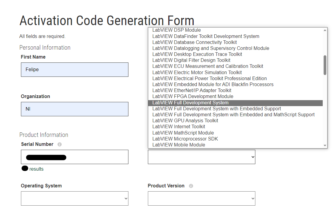 Selecting product from a drop-down list in the Activation Code Generation form