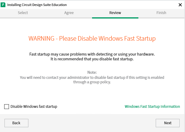 Multisim Installation: Disable Windows Fast Startup to continue