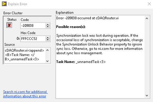 Error -209838 Synchronization Lock Lost When Running an Executable