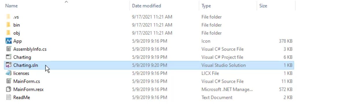 Name  bin  obj  App  Assemblylnfo.cs  t.j Charting  Charting.sln  licenses  MainForm.cs  MainForm.resx  ReadMe  Date modified  9/17/2021 11:21 AM  9/17/2021 11:21 AM  9/17/2021 11:21 AM  5/9/2019 9:16 PM  5/9/2019 9:16 PM  5/9/2019 9:19 PM  5/9/2019 9:20 PM  5/9/2019 9:16 PM  5/9/2019 9:16 PM  5/9/2019 9:16 PM  5/9/2019 9:16 PM  Size  File folder  File folder  File folder  Icon  Visual Source File  Visual Project file  Visual Studio Solution  LICX File  Visual Source File  Microsoft .NET Manage...  Text Document  378 KB  I KB  I KB  Il KB  572 KB