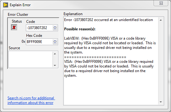 Error -1073807202: A Code Library Required by NI-VISA Could Not Be 