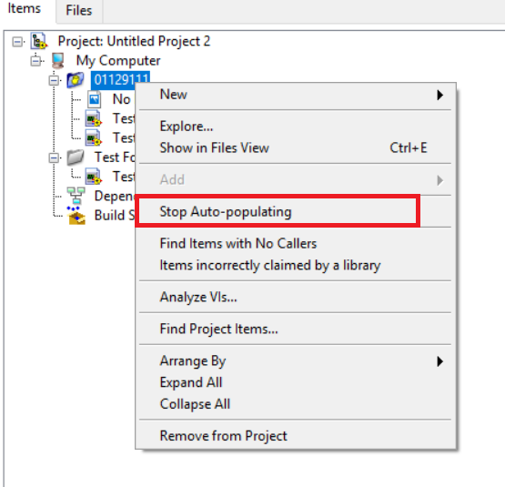 Context menu option which prevents a LabVIEW project folder from auto-populating, changing it to a standard virtual folder.