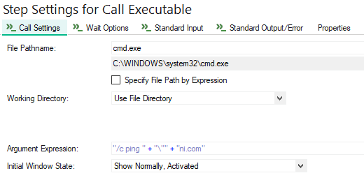 how to execute a system command with call executable in teststand