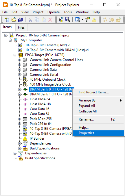 Right Click DRAM on the project explorer, under the FPGA target, then click on properties