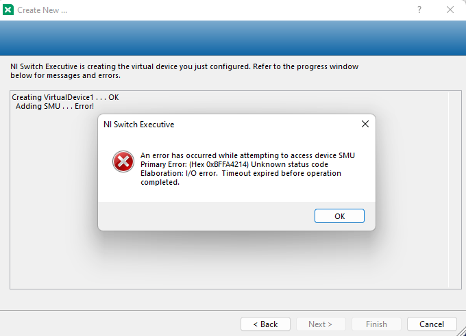 Error 0xBFFA4214 When Creating NI Switch Executive Virtual Device - NI