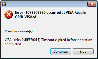 エラー -1073807339: VISA読み取り/書き込みでタイムアウトエラーが 