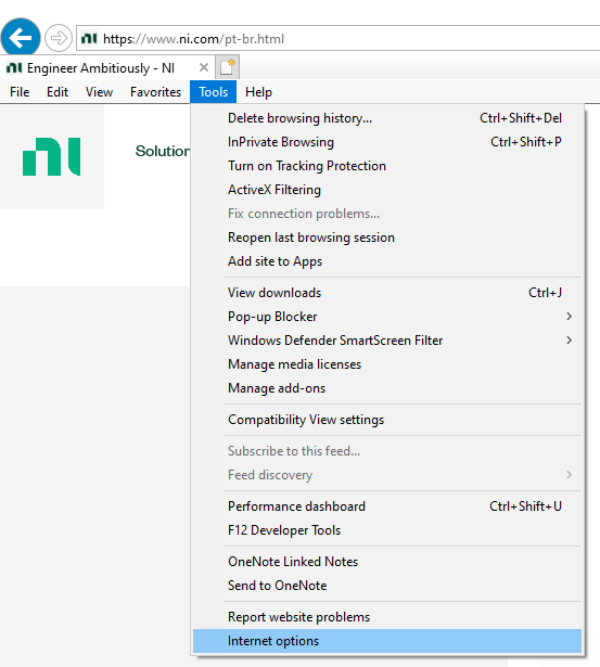 Opening Internet Options