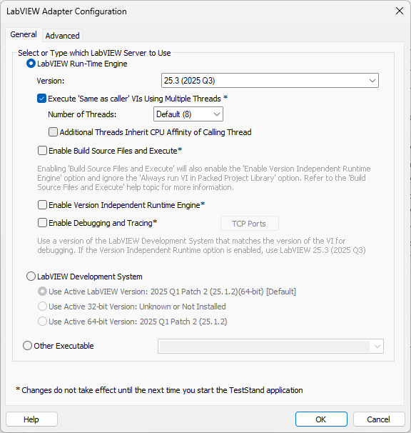 LabVIEW Adapter Configuration Dialog showing the LabVIEW RTE Adapter selected